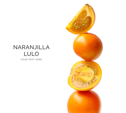 Creative layout made of naranjilla lulo on white background. Flat lay. Food concept. Macro  concept.