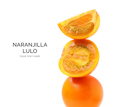 Creative layout made of naranjilla lulo on white background. Flat lay. Food concept. Macro  concept.