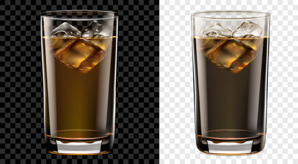 Translucent tall glass of brown cocktail with ice cubes. Two options, for dark and light background. Transparency only in vector format