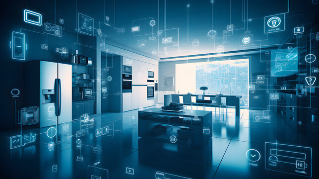 A smart home, featuring various connected devices and appliances AI. Futuristic apartment