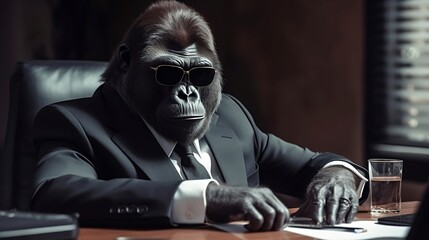 Executive Gorilla in dark glasses and professional attire at his desk, AI Art