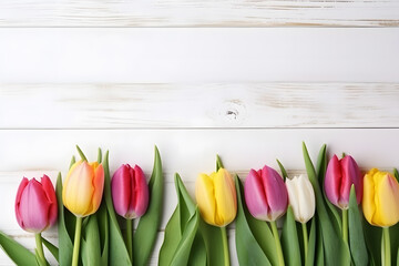 multi color tulips isolated on white wooden background. Generative AI