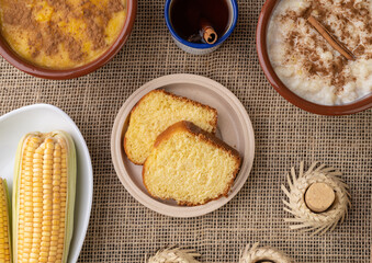 Typical brazilian june festival food over jute fabric. Festa junina