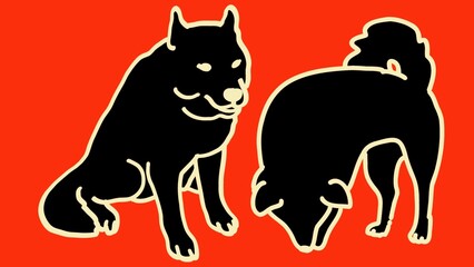 black silhouette of dog with beige art lines, concept for logo, print, sticker