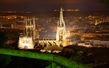 Night aerial view of Our Lady Cathedral of Burgos, Spain