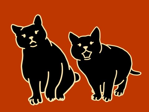 black silhouette of two cats with beige line art, concept for logo, print, sticker, background, icon