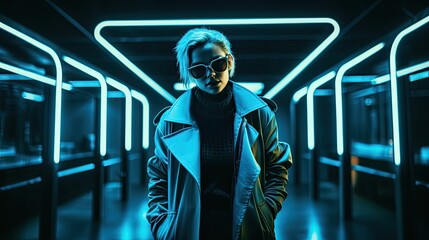 Half-length portrait of a woman wearing sunglasses under blue neon lights created with Generative AI technology.