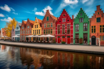 Naklejka premium Colorful houses in Bruges, Belgium. Generative AI