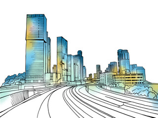Urban landscape. Nice view on the modern Tel Aviv. Israel. Colourful  sketch. Hand drawing vector illustration on white.