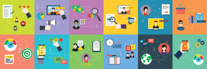 Illustrations collection of marketing, rating, business, feedback, analysis and performance. Flat design icons in vector illustration. 
