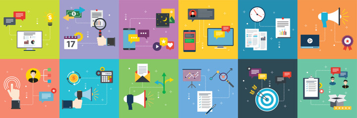 Illustrations collection of communication, business, strategy, analysis, monitoring and management. Flat design icons in vector illustration.
