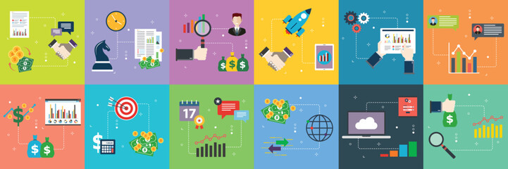 Illustrations collection of finance, communication, business, strategy, analysis and investment. Flat design icons in vector illustration. 