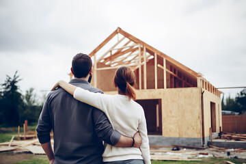 Back view of couple looking at new home, Generative AI