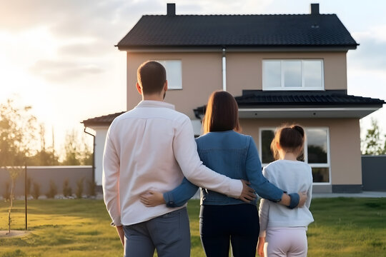 Back view of family looking at new home, Generative AI