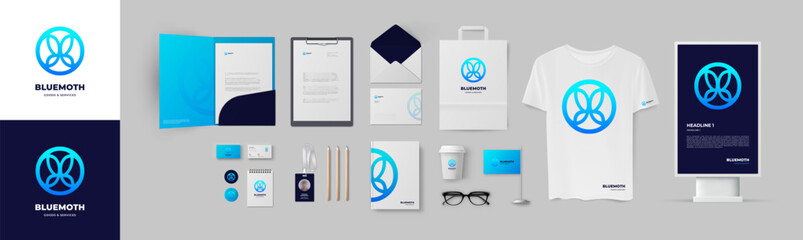 Corporate branding for modern shop or studio, stationery design of folder and business cards. Presentation of corporate identity with minimal blue logo, butterfly sign and color background.