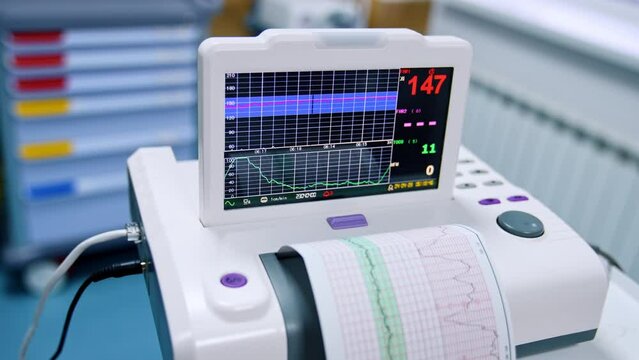 Monitor of the cardiograph working. Device for heart examination and diagnostics. Top view close up.