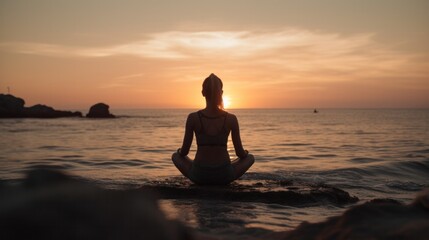 Fototapeta na wymiar Rear view of a young woman practicing yoga by the sea at sunset. Generative AI.