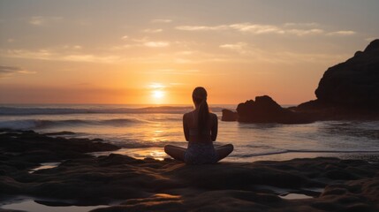 Fototapeta premium Rear view of a young woman practicing yoga by the sea at sunset. Generative AI.