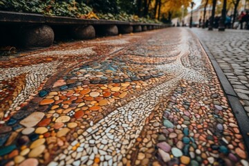 The art of using small, different colored stones to create mosaic streets and sidewalks. Generative AI