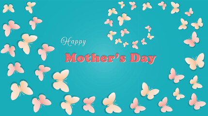 Happy Mother's day banner, greeting card with butterfly on green background