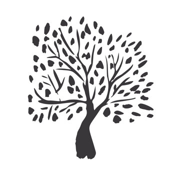 Simple textured vector black tree with branches and leaves silhouette. Abstract oak trees illustration for logo design, sticker, icon