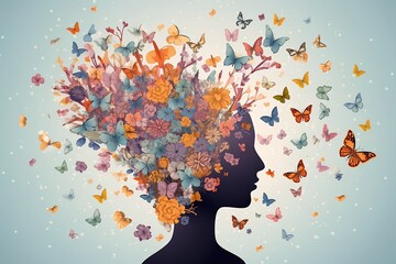 Head flowers butterfly mindful brain with butterflies, beautiful colorful illustration woman mindfulness watercolor ai