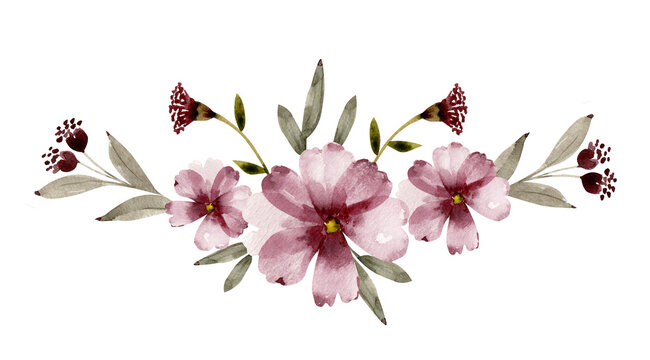  Bouquet of delicate pink flowers, wreath watercolor illustration for design.