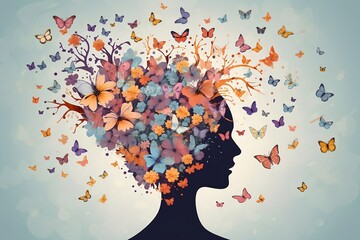 Head flowers butterfly mindful brain with butterflies, beautiful colorful illustration woman mindfulness watercolor ai generated Abstract, autumn tree