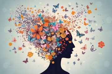 Head flowers butterfly mindful brain with butterflies, beautiful colorful illustration woman mindfulness watercolor ai generated