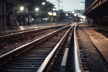 Fototapeta na wymiar A train station with a train on the tracks. AI generative image.