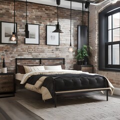 3 An industrial-style bedroom with exposed brick walls, metal accents, and a platform bed2, Generative AI