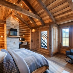 2 A cozy, cabin-style bedroom with exposed wooden beams, a fireplace, and plaid accents4, Generative AI