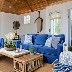 1 A coastal-style living room with blue and white decor, wicker furniture, and beachy accents2, Generative AI