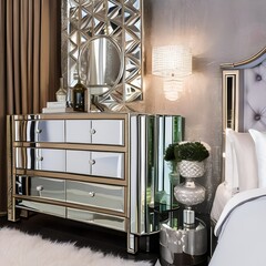 9 A glamorous bedroom with a mirrored dresser, a tufted headboard, and metallic accents3, Generative AI