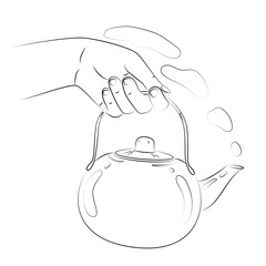 Hand holds a teapot for brewing tea. Serve tea. Close-up of metal kettle. Utensil for kitchen. Use for menu design, recipes, kitchen goods logo, sticker, website. Pot for boiling water. Sketch