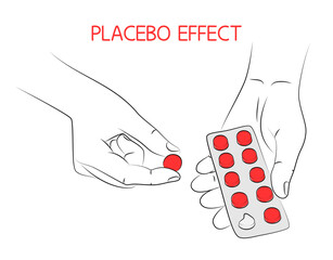Placebo effect. Hand holds tablets in blister pack. Choice between taking or not taking pills. Medical, treatment and healthcare concept. Pharmacy help, medicine drug. Sketch, editable linear drawing