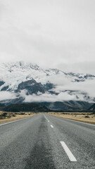 The road to Mount Cook New Zealand. Landscape snowy Alpine mountains. 