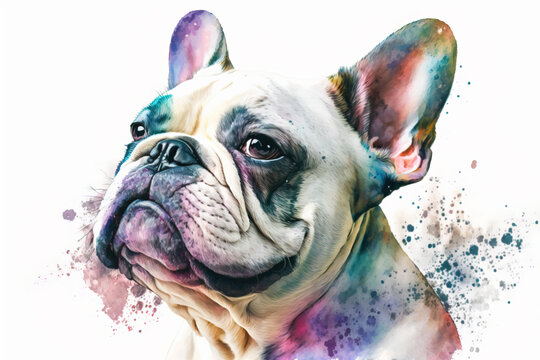 Generative AI. French Bulldog watercolor portrait on white background.