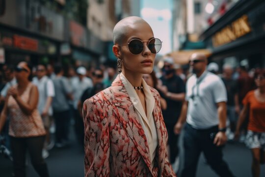 A woman with a shaved head and sunglasses in a crowded street. AI generative image.