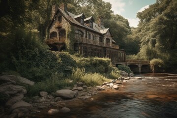 A lavish home nestled in the woods along a flowing river. Generative AI