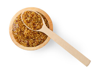 Bowl and spoon with whole grain mustard on white background, top view