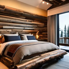 10 A rustic, mountain-inspired bedroom with a log bed, plaid bedding, and a wooden accent wall3, Generative AI