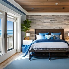 17 A cozy, coastal-inspired bedroom with a white wooden bed, blue accents, and nautical decor4, Generative AI