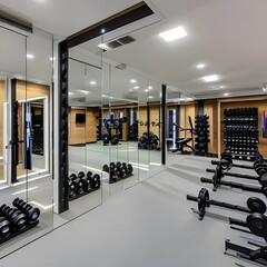 Fototapeta na wymiar 1 A contemporary home gym with mirrored walls, state-of-the-art equipment, and a motivational quote on the wall2, Generative AI