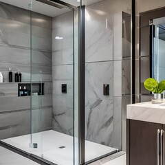 3 A luxurious, contemporary bathroom with marble tile, a glass shower, and a statement bathtub1, Generative AI