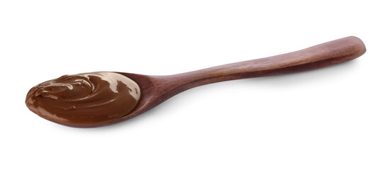 Spoon with tasty chocolate paste on white background