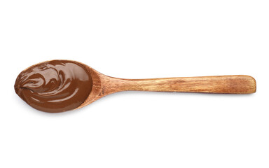 Spoon with tasty chocolate paste on white background, top view