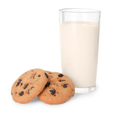 Delicious chocolate chip cookies and milk isolated on white
