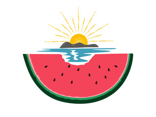 Summer creative illustration. Sliced piece of ripe juicy watermelon with summer landscape in the background. Flat vector illustration
