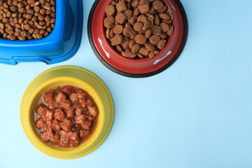 Wet and dry pet food in feeding bowls on light blue background, flat lay. Space for text